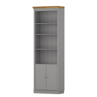 Estante alta com 2,20m para biblioteca na cor cinza e cera com duas portas de madeira / coleção biblioteca